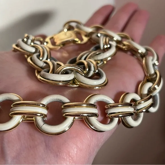 Trifari made in France 1940’s Art Deco Cream Gold Oversized Chain Necklace set